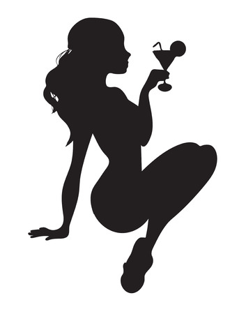girl silhouette in a bathing suit, with an alcohol glassのイラスト素材