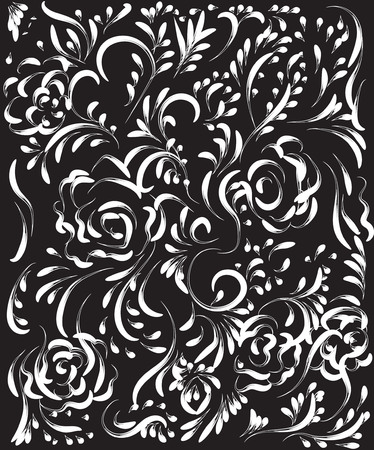 beautiful vintage flower pattern, white on a black background, drawings of monograms on nailsのイラスト素材