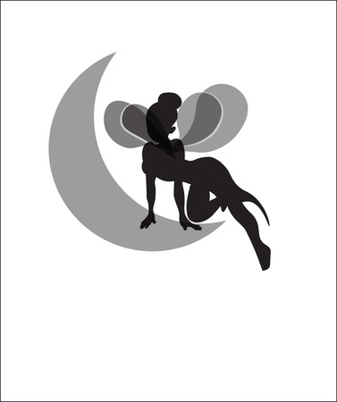The beautiful fairy silhouette flies at night over the moonのイラスト素材