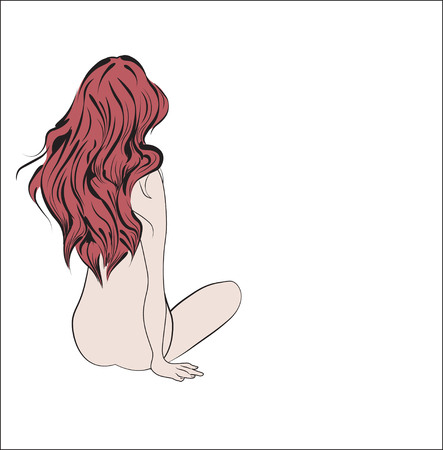 The girl sitting a back with a long flowing hair sketch.のイラスト素材