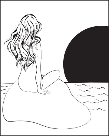 The girl sitting a back with a long flowing hair sketch.のイラスト素材