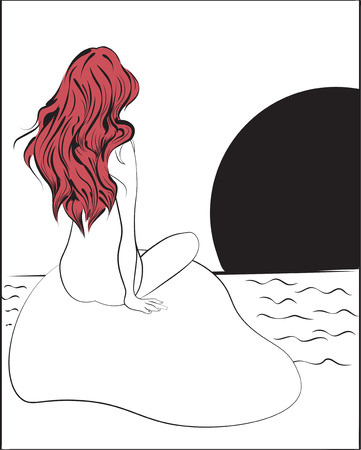 The girl sitting a back with a long flowing hair sketch.のイラスト素材