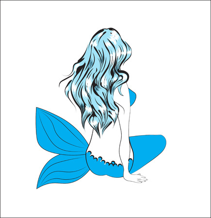 The girl the mermaid, with long blue hair, sits and longsのイラスト素材