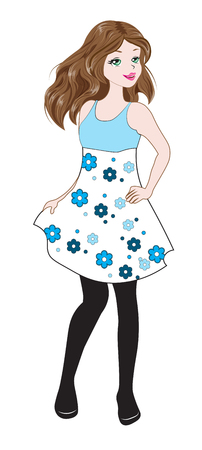 Girl model in a short white and blue dressのイラスト素材