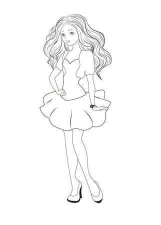 The beautiful fashionable girl in a bolero and a short dress with a bracelet colouring vector illustrationのイラスト素材