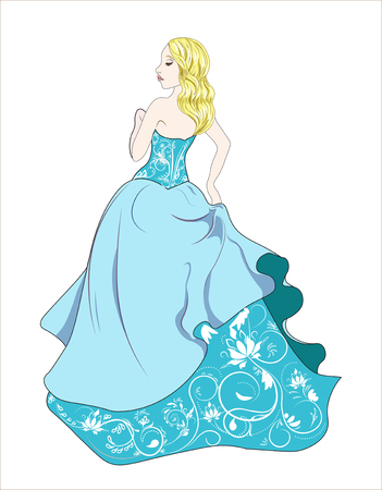 The beautiful mysterious woman, with a gold curly hair, princess in blue dressのイラスト素材