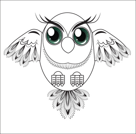 the fantastic stylized owl, with feathers and green shining eyesのイラスト素材