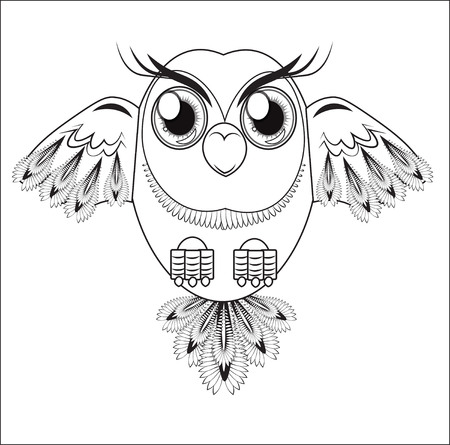 the fantastic stylized owl, with feathers and shining eyes.のイラスト素材
