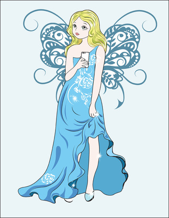 The girl with the mobile phone takes a selfie, in an evening dress, in fairy suitのイラスト素材