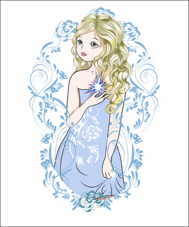 the girl with the star, in an evening dress, in blue frame patternのイラスト素材