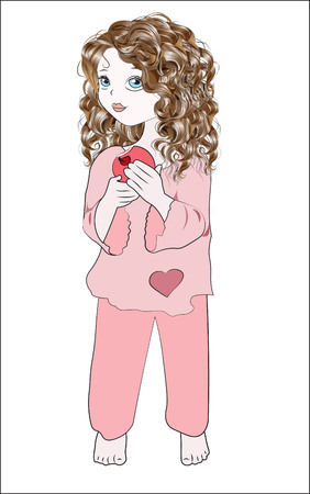 The lovely little girl with wavy hair, in a pajamas, holds appleのイラスト素材