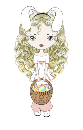 The lovely easter girl, with a basket with eggs, and rabbit earsのイラスト素材