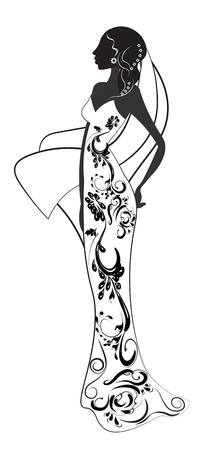 beautiful, elegant silhouette of the woman, bride, in a long dressのイラスト素材