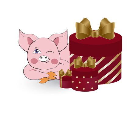 three gifts in red boxes with gold bows and the pigのイラスト素材