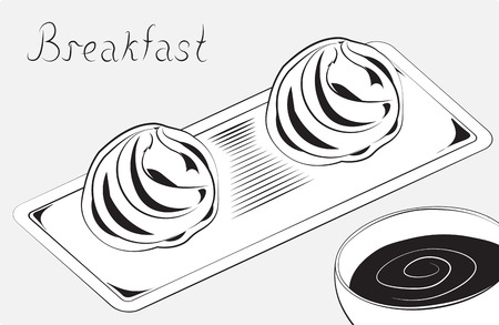 two profiteroles on a rectangular flat plate, and cup of coffee, the breakfast time, the sketch,のイラスト素材