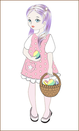 the little girl in a pink dress with the basket with eggs, Easter girlのイラスト素材