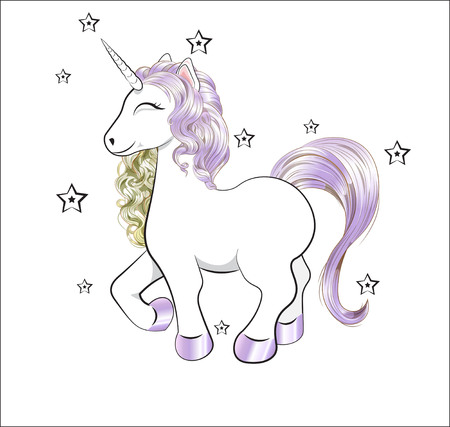 funny little unicorn pony with gold mane and starsのイラスト素材