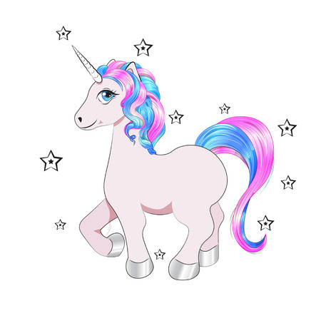 funny little unicorn pony with pink and blue mane, and stars, unicorn Happy birthday cardのイラスト素材