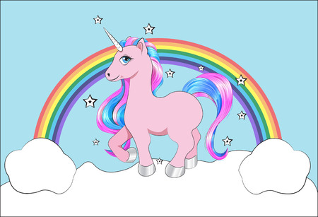 funny little unicorn pony with pink and blue mane, and stars, unicorn Happy birthday cardのイラスト素材