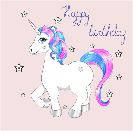 funny little unicorn pony with pink and blue mane, and stars, unicorn Happy birthday cardのイラスト素材