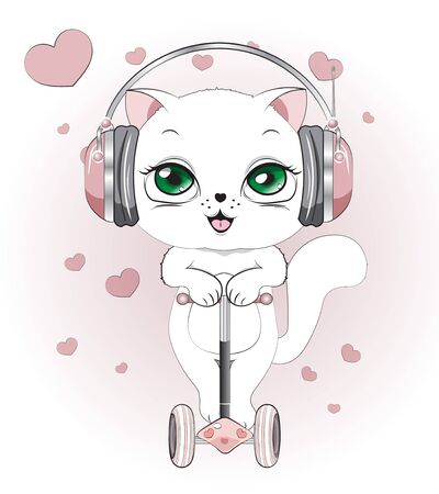 lovely cute white kitten, the cat,  in an environment of hearts, on a white background with earphones, on the scooterのイラスト素材
