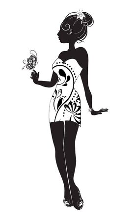 silhouette of the beautiful slender girl in a white dress, with butterflyのイラスト素材