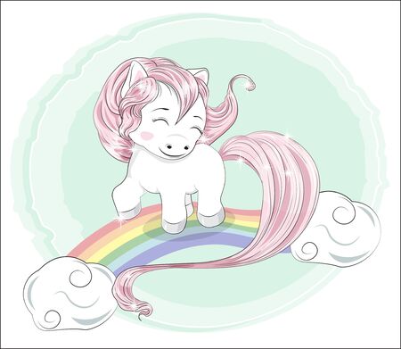 funny little  pony with long hair, in the sky on a rainbowのイラスト素材