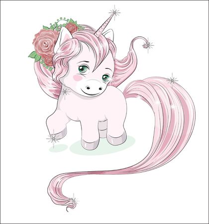 funny little  pony unicorn with long hair, and with flower in the hairのイラスト素材