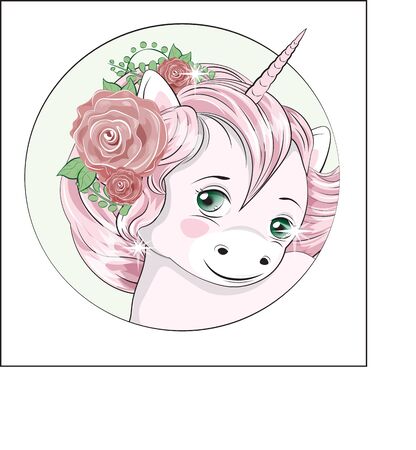 funny little  pony unicorn with long hair, and with flower in the hairのイラスト素材