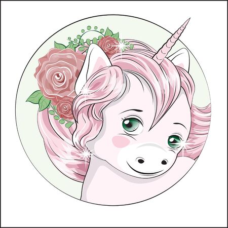 funny little  pony unicorn with long hair, and with flower in the hairのイラスト素材