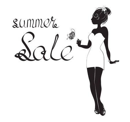 silhouette of the beautiful slender girl in a white dress, with butterfly, girl summer saleのイラスト素材