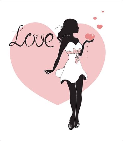 silhouette of the girl with pink heart, on heart background, Valentines Day cardのイラスト素材