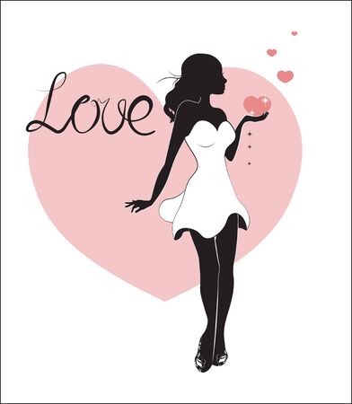 silhouette of the girl with pink heart, on heart background, Valentines Day cardのイラスト素材
