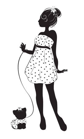 silhouette of the beautiful slender girl in a white dress, with dogのイラスト素材