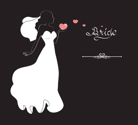 silhouette of the bride with pink heart, on heart backgroundのイラスト素材