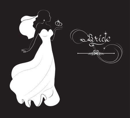 silhouette of the bride with gold heart, on black background, jeweller's salonのイラスト素材