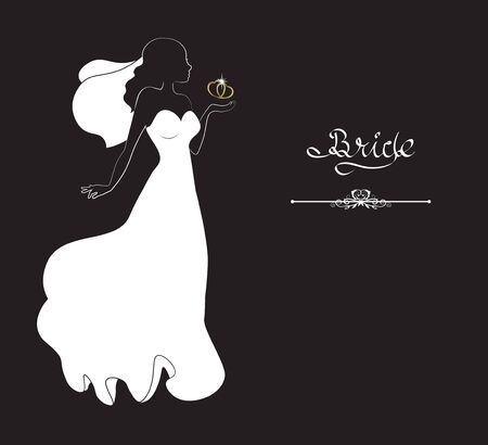 silhouette of the bride with gold heart, on black background, jeweller's salonのイラスト素材