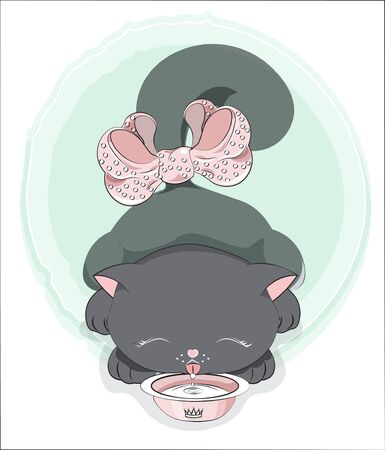 the little black kitten princess, cat, drinks milk from a bowl, eatsのイラスト素材