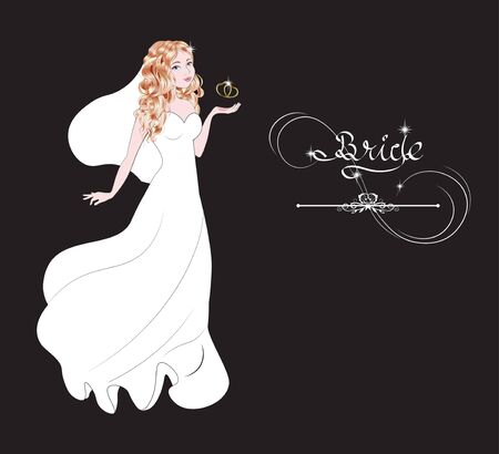 silhouette of the bride with gold heart, on black background, jeweller's salonのイラスト素材