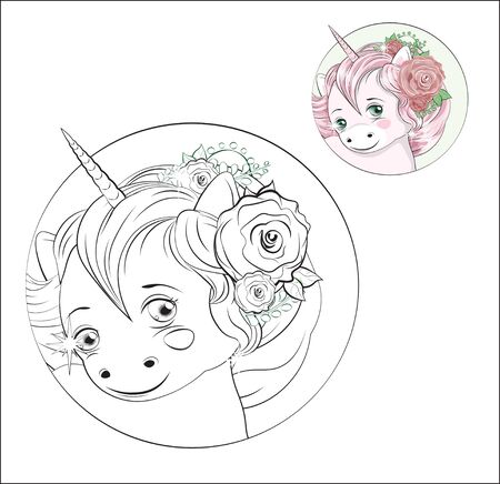 funny little  pony unicorn with long hair, and with flower in the hair. Coloring book unicornのイラスト素材