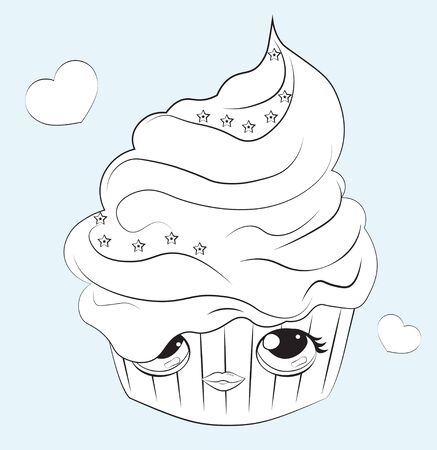 cupcake with the cream decorated with star, with funy face, Coloring book  Can be used for t-shirt print, kids wear fashion design, baby shower invitation card.のイラスト素材