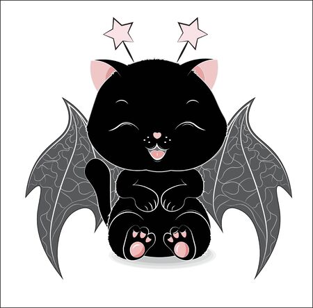 black Halloween a cat, with horns and wings of a bat.  Can be used for t-shirt print, kids wear fashion design, baby shower invitation Halloween card.のイラスト素材