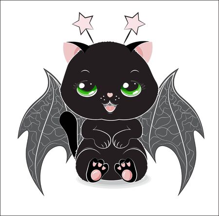 black Halloween a cat, with horns and wings of a bat.  Can be used for t-shirt print, kids wear fashion design, baby shower invitation Halloween card.のイラスト素材