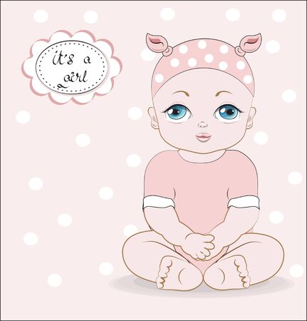 the baby girl with blue eyes, sits in a pink Bodysuit, it;s a girl.  Can be used for t-shirt print, kids wear fashion design, baby shower invitation card.のイラスト素材