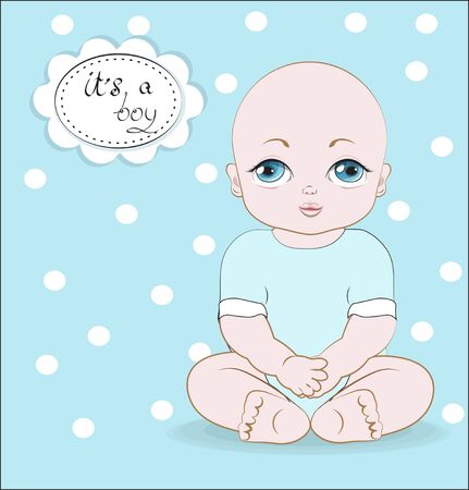 the baby boy with blue eyes, sits in a Bodysuit, it;s a boy.  Can be used for t-shirt print, kids wear fashion design, baby shower invitation card.のイラスト素材
