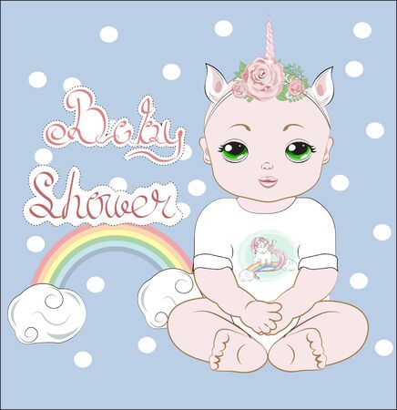 the baby girl with green eyes, sits in a white. Bodysuit with unicorn print, Unicorn baby party.  Can be used for t-shirt print, kids wear fashion design, baby shower invitation card.のイラスト素材