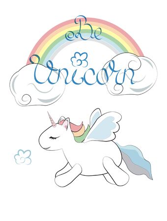 Be unicorn, card with the flying adorable unicorn and a rainbow. Can be used for t-shirt print, kids wear fashion design, baby shower invitation card.のイラスト素材