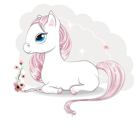 Magic white pony with a pink mane and a tail, and blue eyes, lies.  Can be used for t-shirt print, kids wear fashion design, baby shower invitation card.のイラスト素材