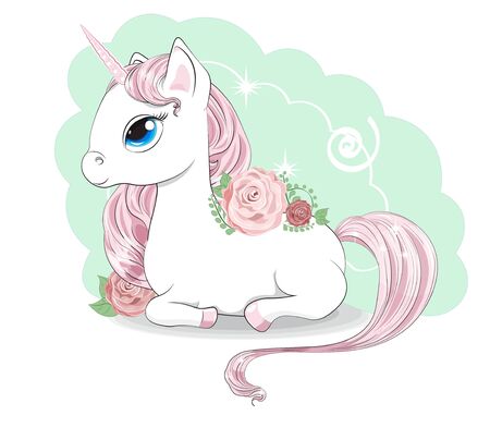 Magic white unicorn with a pink mane and a tail, and blue eyes, lies.  Can be used for t-shirt print, kids wear fashion design, baby shower invitation card.のイラスト素材