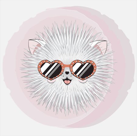 cartoon round fluffy stylized white cat in sunglasses, kitten. Can be used for t-shirt print, kids wear fashion design, baby shower;  invitation card.のイラスト素材